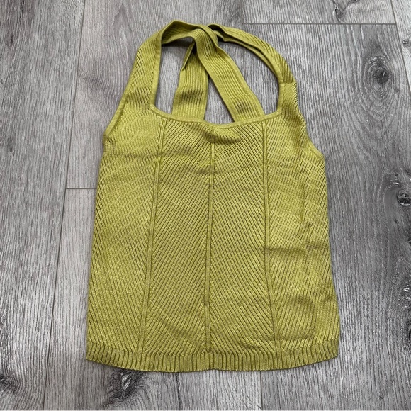 Abercrombie & Fitch Lime Green Ribbed Contrast Knit Square Neck Cross Back Top - Picture 2 of 3